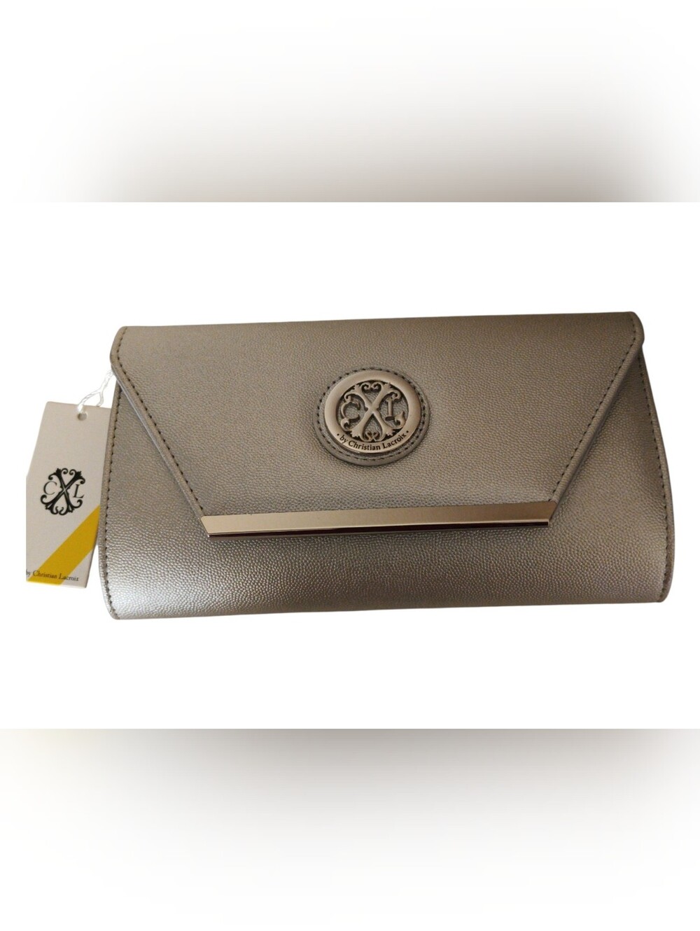 Christian Lacroix Metallic Taupe Envelope Clutch with Emblem